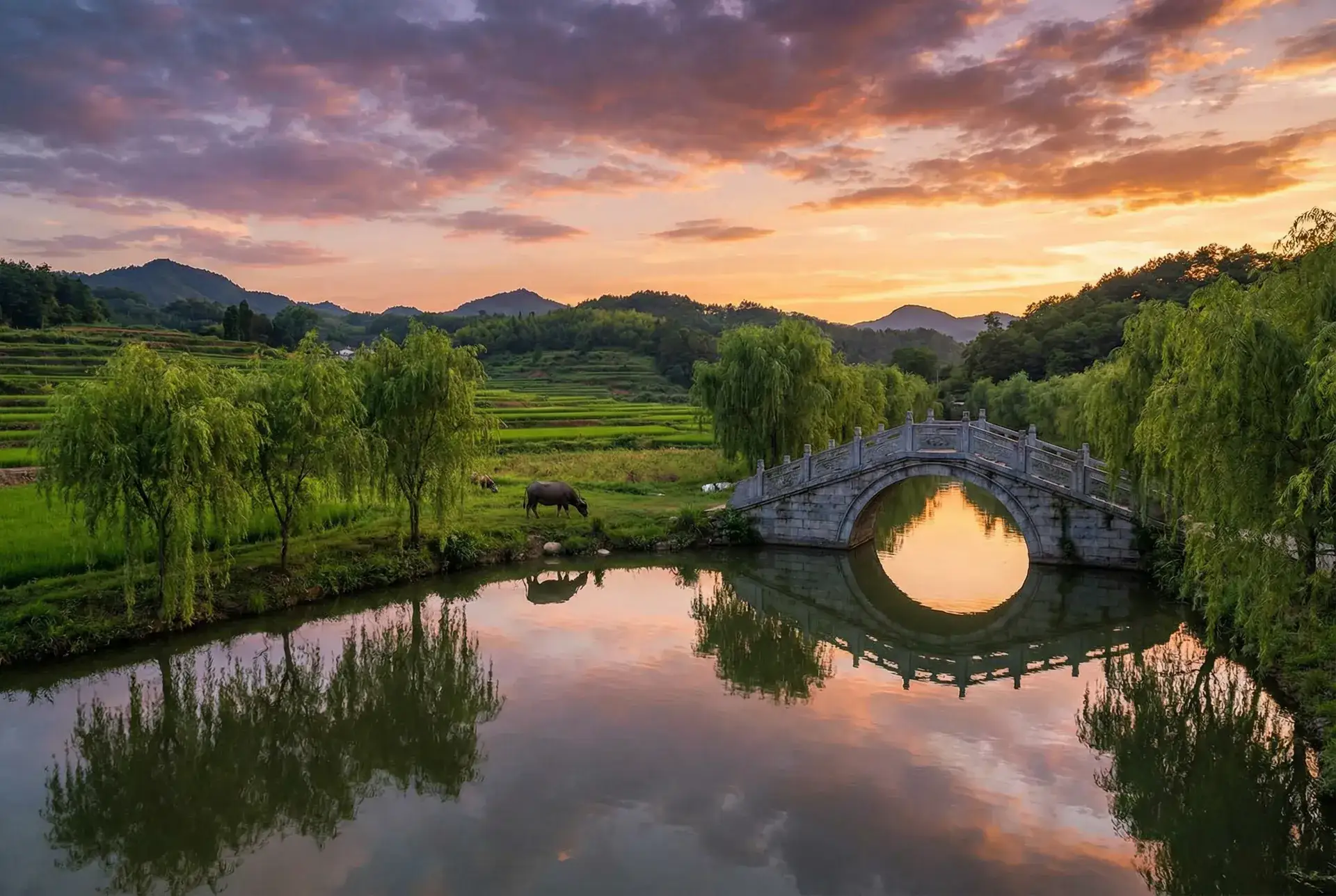 夕阳下的石拱桥与垂柳，水牛在河边吃草 - 一本大道手机在线看 乡村美景